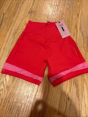 Noire Blanc Biker Shorts Womens Small Red NWT Crossover Waist Mesh Stripe